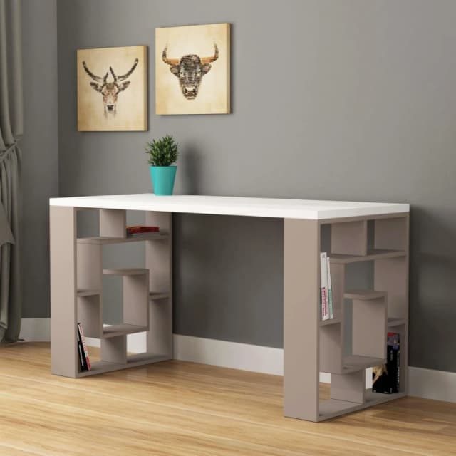 DECORTIE Decortie - Labirent Modern Desk With Bookshelf Legs - White / Ancient White - White M.MS.11181.19