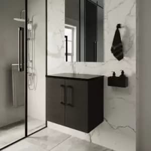 Nuie Arno Wall Hung 2-Door Vanity Unit with Sparkling Black Worktop 600mm Wide - Black Woodgrain