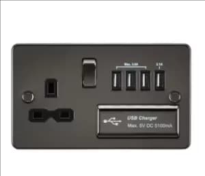 KnightsBridge Flat plate 13A switched socket with quad USB charger - gunmetal with Black insert