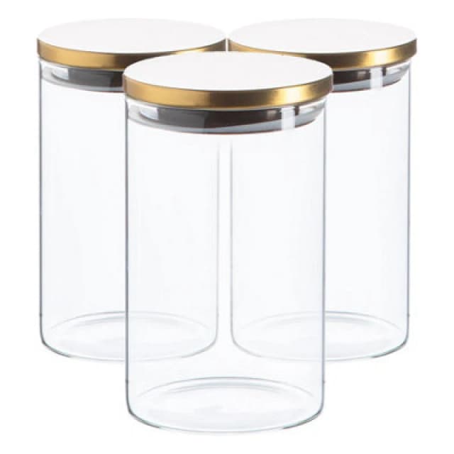 Argon Tableware Glass Storage Jars - Gold Lid - 1 Litre - Modern Round Scandi Organisation Container Glass Jar - Set Of 3