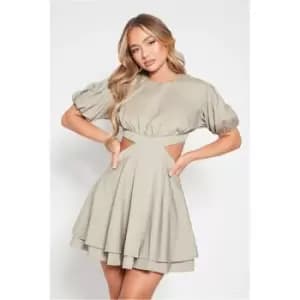 I Saw It First Woven Puff Sleeve Tiered Cut Out Skater Dress - Grey