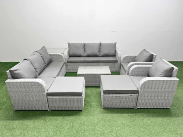 Fimous PE Rattan High Back Lounge Sofa Set Patio Coffee Table & Chairs Set with 3 Seater Sofa Reclining Chair 2 Big Footstool Side Table Light Grey Li