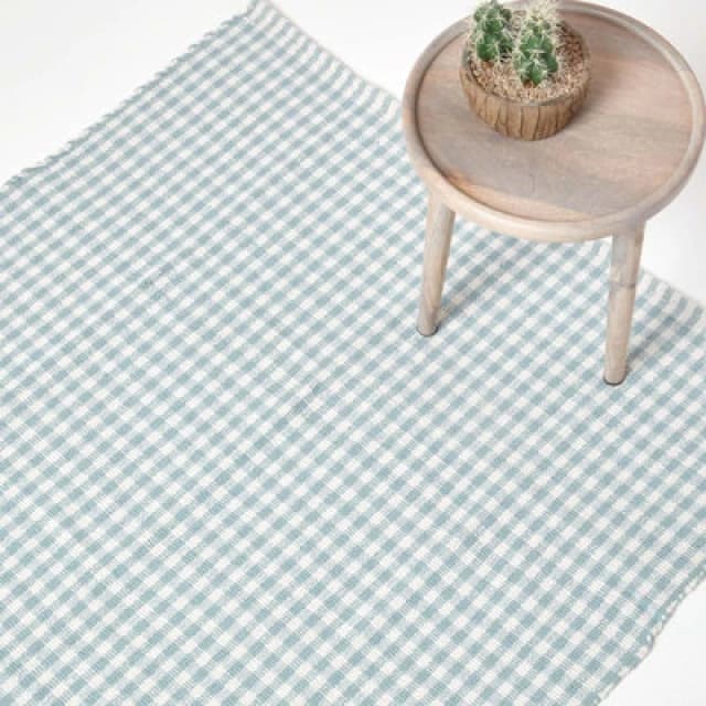 Homescapes Cotton Gingham Check Rug Hand Woven Blue White, 70 X 120 Cm