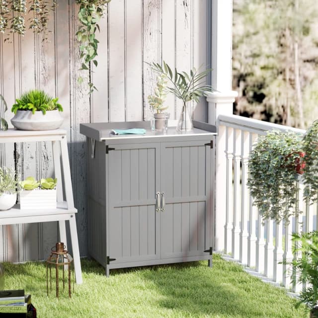 OUTSUNNY Wooden Garden Storage Shed w/Hinged Roof & Shelf, Grey Grey Unisex