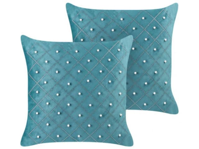 Beliani Set Of 2 Decorative Cushions Yarrow Velvet 45 X 45cm Teal Geometric Pattern