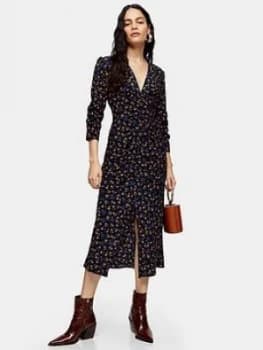 Topshop V-Neck Ruched Midi Dress - Black, Size 8, Women