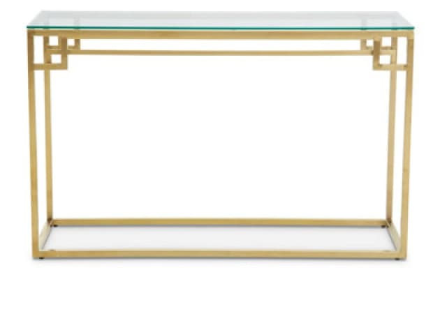 Orsina Tempered Glass Silver Finish Console Table, Stainless Steel Frame With Geometric Design, Glass Top in Gold Gold Unisex