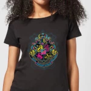 Harry Potter Hogwarts Neon Crest Womens T-Shirt - Black