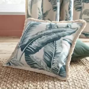 Fusion - Cadiz Leaf Print 100% Cotton Fringed Filled Cushion, Teal, 43 x 43 Cm