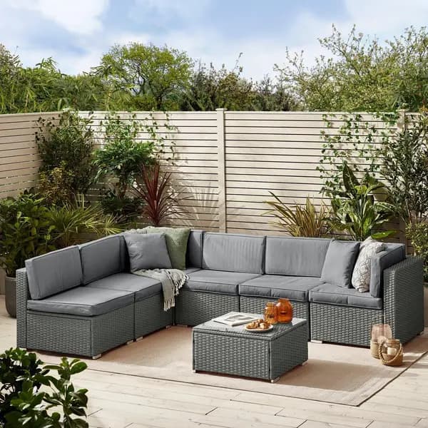 FurnitureboxUK ORLANDO Black 6 Seater PE Rattan Outdoor Garden Modular Sofa Set with Glass Topped Coffee Table and Grey Cushions Grey