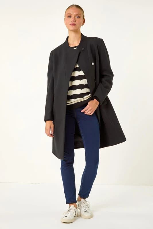 Roman Womens Tailored Funnel Neck Pocket Detail Coat in Black Size: 16 Black Female 16