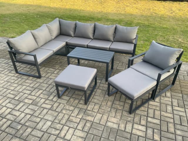 Fimous Aluminum 9 Seater Outdoor Lounge Corner Sofa Set Garden Furniture Sets with Oblong Coffee Table Chair 2 Big Footstool Dark Grey Dark Grey Unise