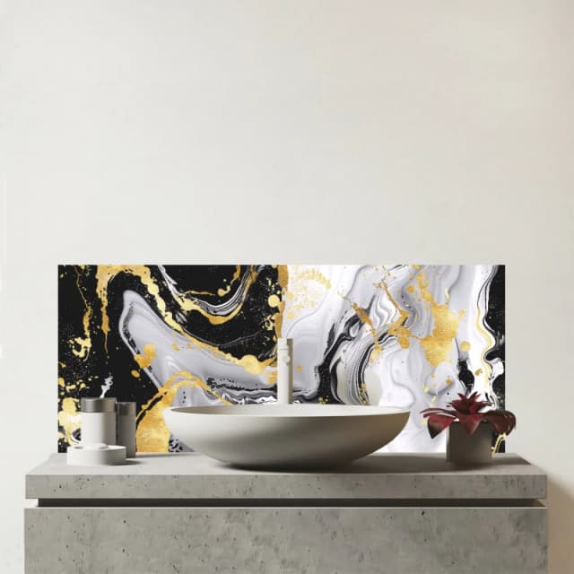 Warren Reed - Designer White & Black Marble Effect Glass Bathroom Splashback in Gold Gold Unisex