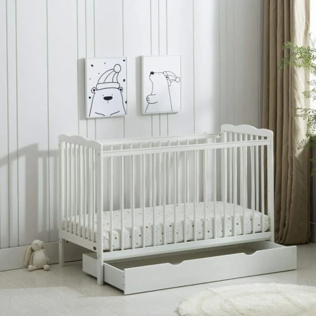 MCC Direct Wooden Baby Cot Bed Crib With Mattress and Drawer Brooklyn White