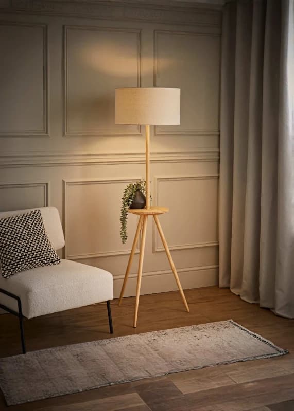 ValueLights ValueLights Desmond Side Table Tripod Floor Lamp with Linen Lamp Shade and Bulb in Natural Natural One Size Unisex 5059406069222