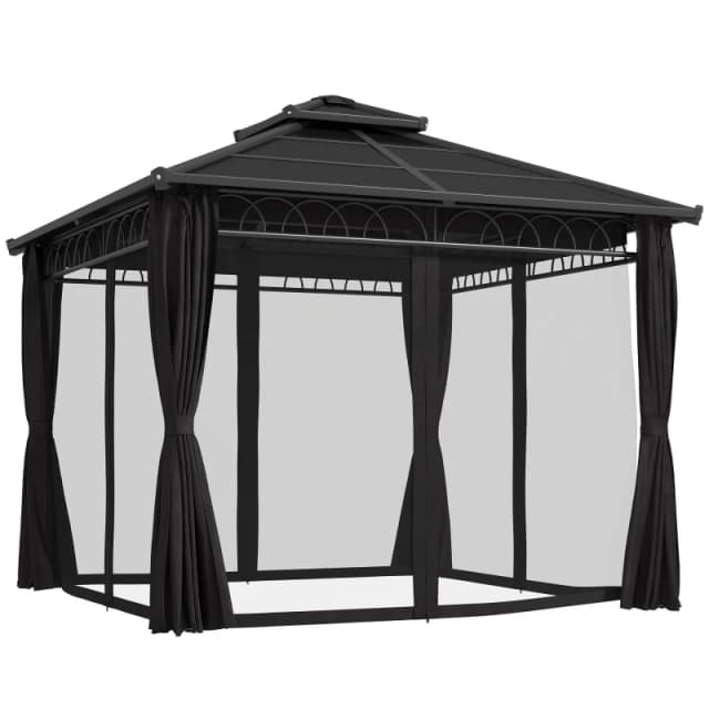 Outsunny Double Roof Hard Top Gazebo with Nettings & Curtains Dark Grey