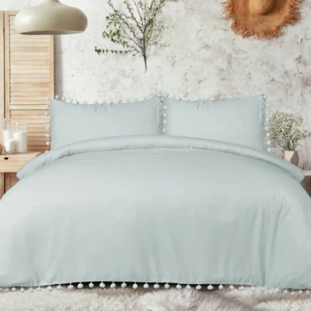 Smart Living Smart Living Luxury Super Soft Pom Pom Duvet Cover & Pillowcases in Duck Egg Blue Size: Single Duck Egg Blue Single Unisex 505624275009