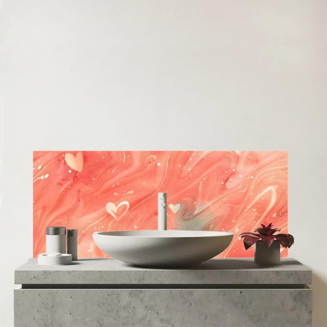 Warren Reed - Designer Salmon Pink With Hearts Marble Effect Glass Bathroom Splashback Pink Unisex