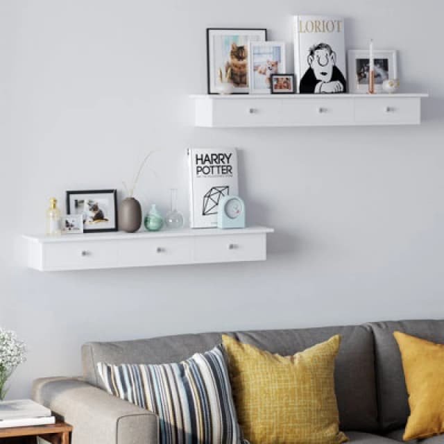 Songmics Floating Wall Shelf With 3 Drawers, Hallway Storage Shelf, 80 X 15 X 10 Cm, Living Room, Bedroom, High Gloss Paint, White