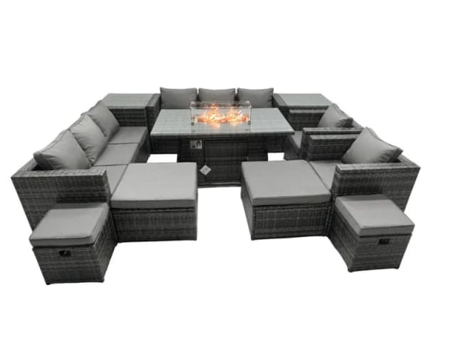 Fimous Rattan Garden Furniture Firepit Dining Set 12 Seater Lounge Sofa Table Set with 2 side table 2 big Footstool Dark Grey