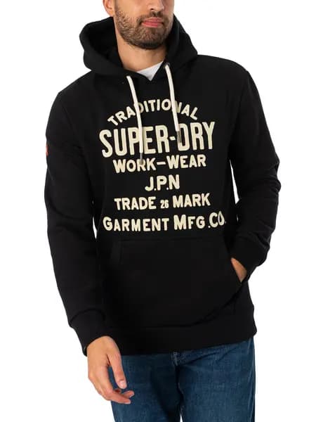 Superdry Workwear Flock Graphic Pullover Hoodie Nero Black Marl XL