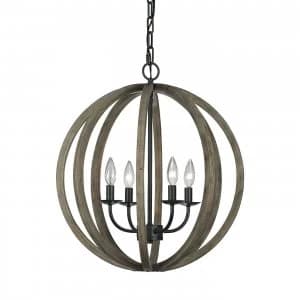 4 Light Spherical Cage Ceiling Pendant Dark Wood, Antique iron, E14