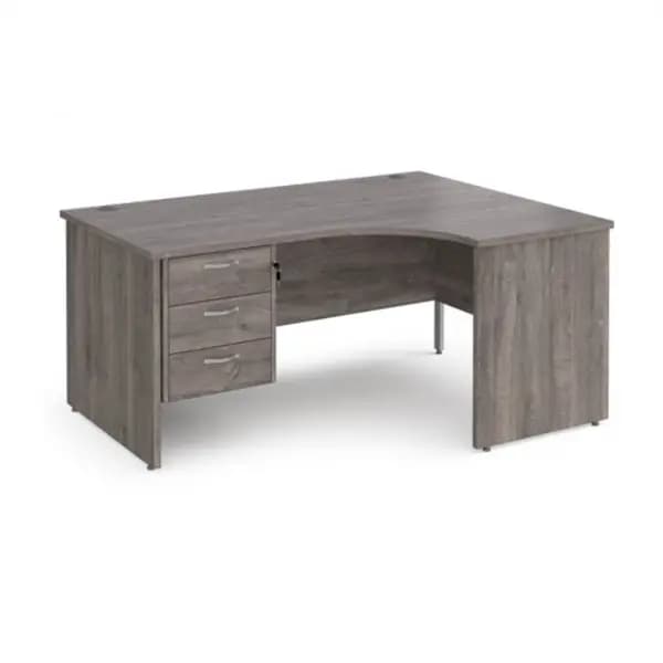Maestro 25 Maestro 25 right hand ergonomic desk 1600mm wide with 3 drawer pedestal - grey oak top with panel end leg MP16ERP3GO