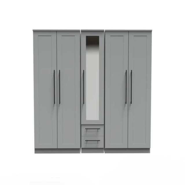 Howard Tall 5 Door 2 Drawer 1 Mirror Wardrobe In Dusk Grey (Ready Assembled)