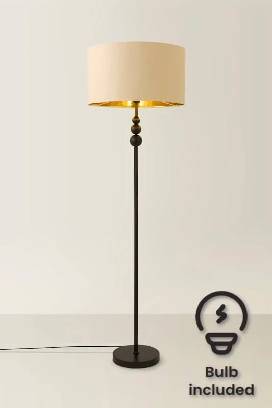 ValueLights Marissa Beige and Gold Shade with Black Stacked Ball Floor Lamp with LED Bulb Beige