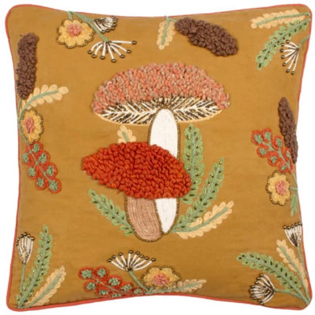 Mushroom Dell Embroidered Cotton Cushion Autumn Gold, Autumn Gold / 45 x 45cm / Polyester Filled