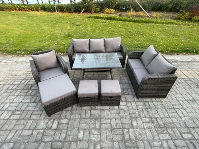 Fimous 9 Seater Outdoor Rattan Garden Furniture Set Patio Lounge Sofa Set with Dining Table 3 Footstools Dark Grey Mixed Dark Grey