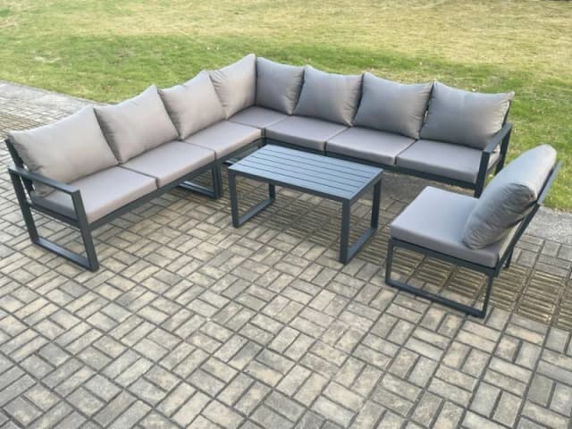 Fimous Aluminium 8 Seater Patio Outdoor Garden Furniture Lounge Corner Sofa Set with Oblong Coffee Table Dark Grey Dark Grey Unisex