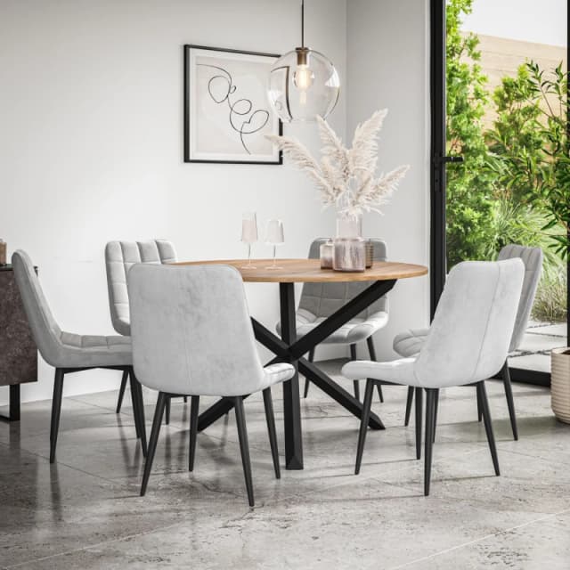 More4Homes Malvern Round Dining Table And Chairs - Oak Table Top W Solid Black Oak Legs + Nova Velvet Dining Chair Set Of 6 (Grey)