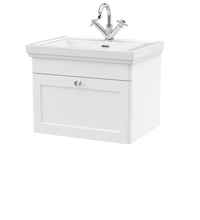 Balterley Bathroom Wall Hung 1-Drawer Vanity Unit & Fireclay Basin, White, 600mm in White White Unisex
