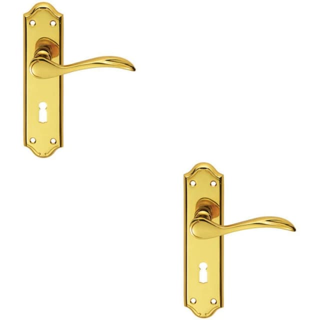 Loops 2x PAIR Curved Door Handle Lever on Lock Backplate 180 x 45mm Polished Brass Metallics