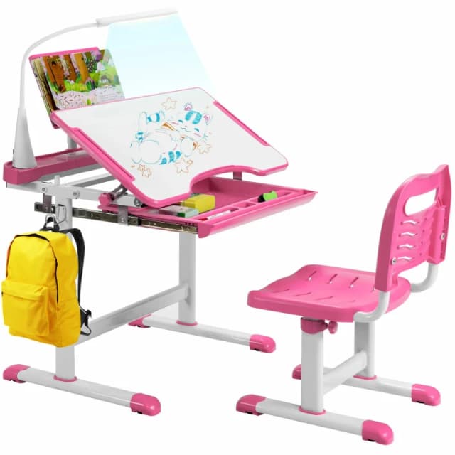 COSTWAY Height Adjustable Study Table and Chair Set w/Book Stand & LED Light Pink