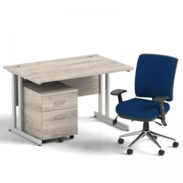 Impulse Bundles Impulse 1200mm Straight Office Desk Grey Oak Top Silver Cantilever Leg with 2 Drawer Mobile Pedestal and Chiro Medium Back Blue IRDC1