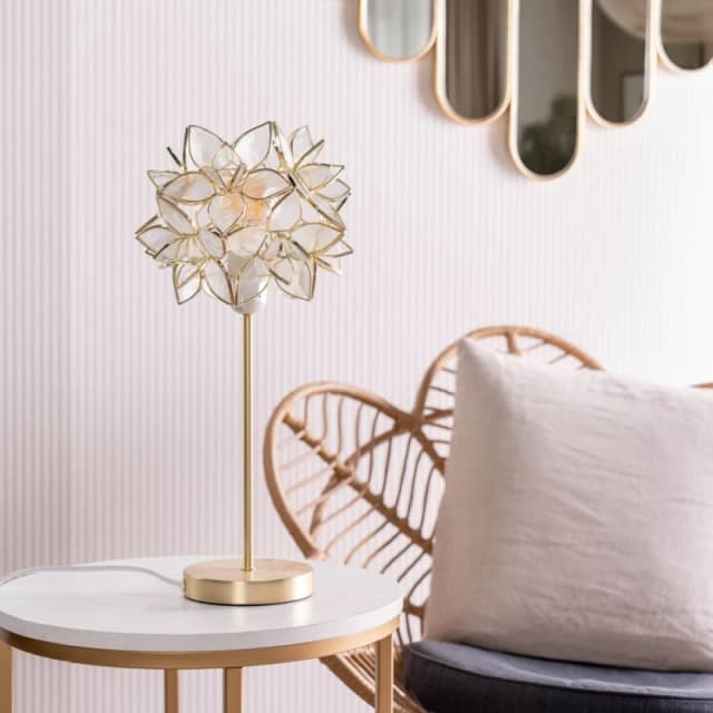 ValueLights Reine Gold Stem Table Lamp with Glass Flower Pendant Clear