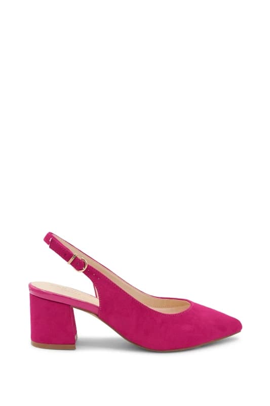 Paradox London Wide Fit Shimmer 'Flynn' Mid Block Heel Sling Back Court Shoe Fuchsia