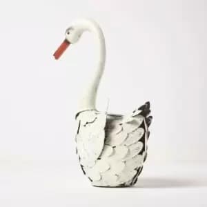 Metal White Swan with Flower Pot, 41cm Tall - White - Homescapes