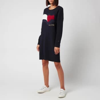 Tommy Hilfiger Womens Motion Flag Crewneck Knee Dress LS - Desert Sky - L
