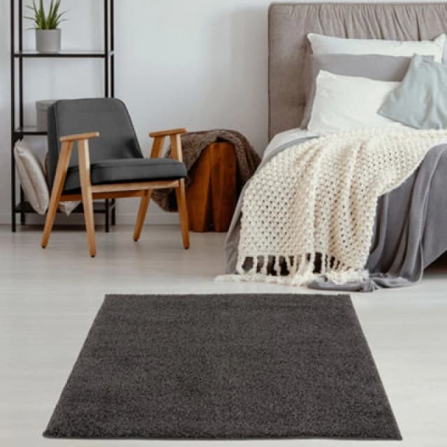 THE RUGS Shaggy Rugs Dark Grey Living Room Rug - Soft Fluffy Thick Carpet For Bedrooms & Kitchen Easy To Clean Home Decor Rugs Size: 120cm x 120 cm