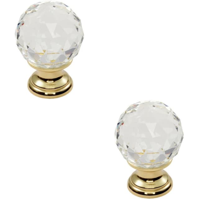 Loops 2x Faceted Crystal Cupboard Door Knob 40mm Dia Polished Brass Cabinet Handle Metallics unisex