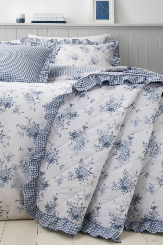 Catherine Lansfield Lucie Floral Reversible 220cm x 230cm Bedspread Set Blue