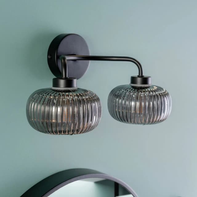 ValueLights Amaia Pair of Matte Black IP44 Rated 2 Way Smoked Ribbed Glass Wall Lights Black