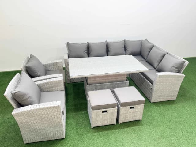 Fimous 10 Seat Rattan Garden Furniture Corner Sofa Set with 2 Small Stools in Light Grey Light Grey Unisex