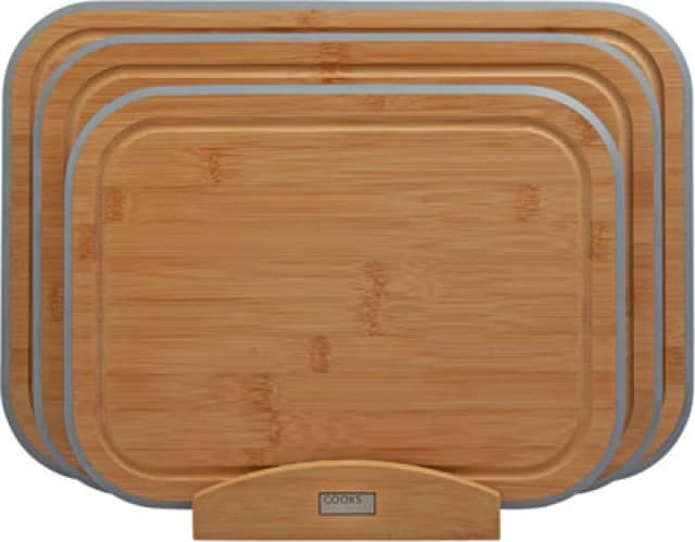 Cooks Professional 3 Piece Bamboo Chopping Board Set With Storage Stand - Wooden Cutting Boards - Grey Edging