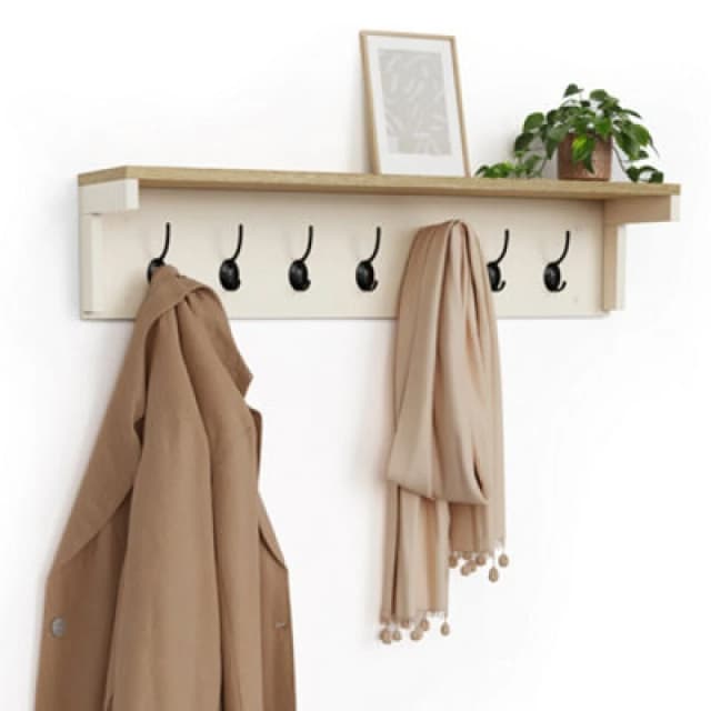 Vonhaus Coat Hooks Wall Mounted, Cream Coat Rack With Shelf & 7 Strong Double Hooks, Hallway Organiser With Melamine Wood Effect