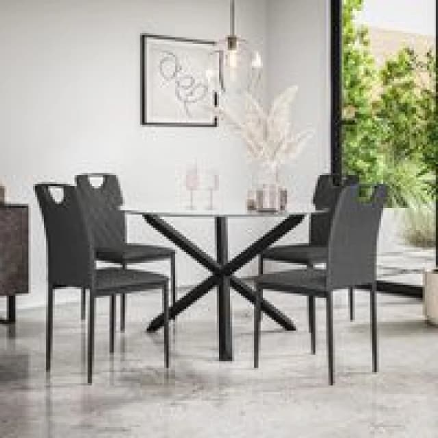 More4Homes Malvern Round Dining Table And Chairs - Clear Glass Table Top W Solid Oak Black Legs + 4 Monza Fabric Dining Chairs (Charcoal)