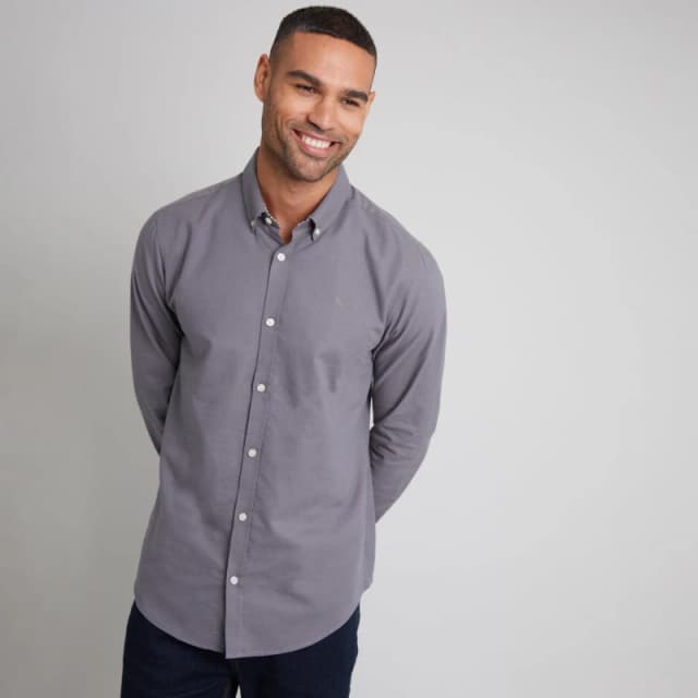 Threadbare Oxford Cotton 'Beacon' Long Sleeve Shirt Mid Grey